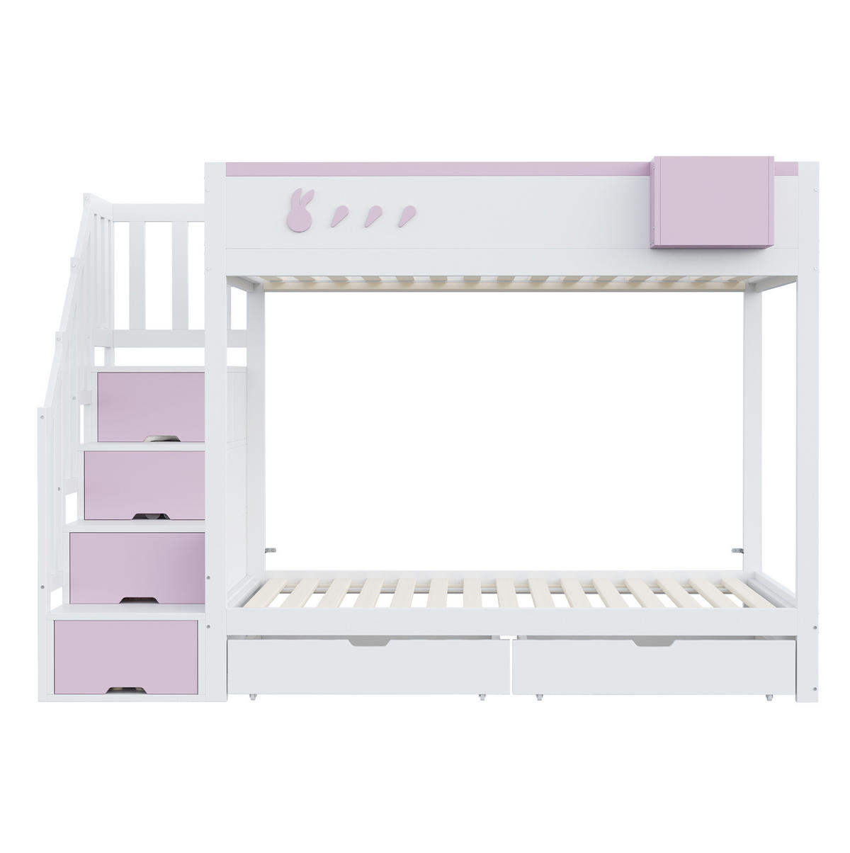 ETAGENBETT 90/200 cm mit Kaninchen und Karottenmotiven und abnehmbarem Ablagefach - Weiß, Holz (90/200cm) - OKWISH