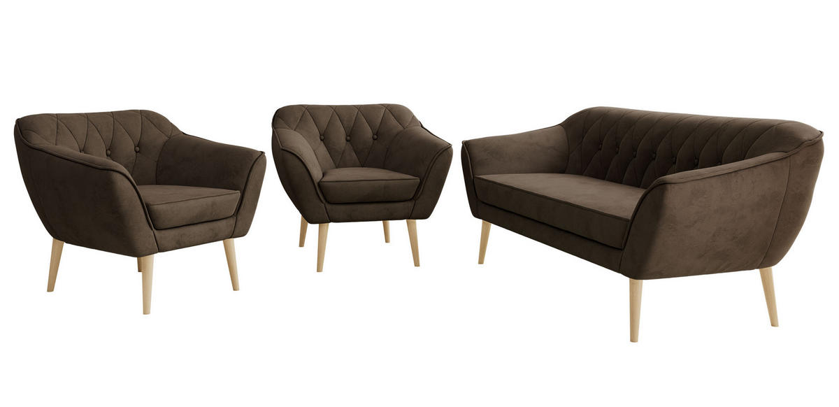 SITZGARNITUR PIRS 3+1+1 - Braun Velvet - Holzbeine - Dunkelbraun/Buchefarben, Holzwerkstoff/Textil (180/75/74cm) - MKS