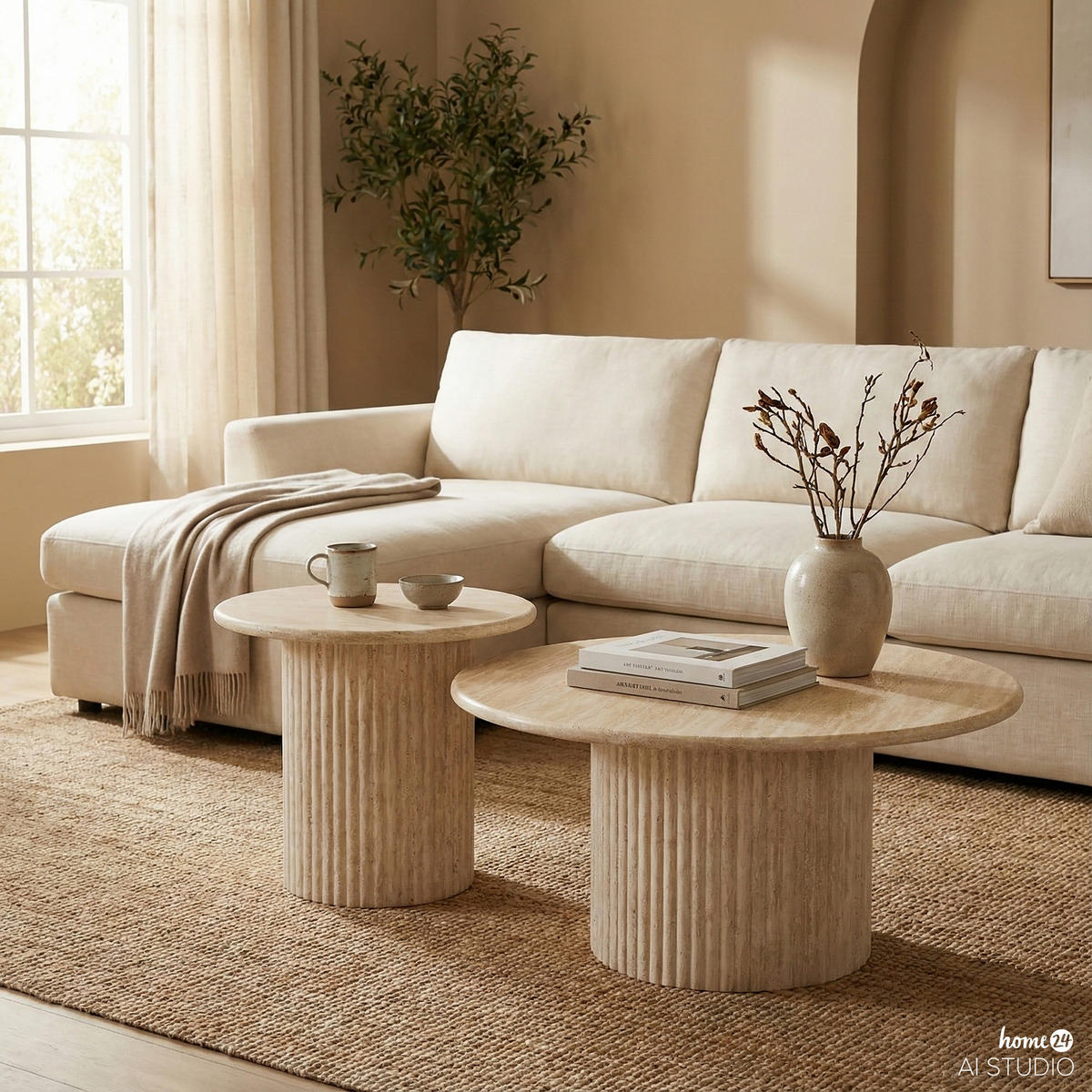 COUCHTISCH 2-teilig - Travertin Stein Dekor - Beige, Holzwerkstoff (80/80/40cm) - home24