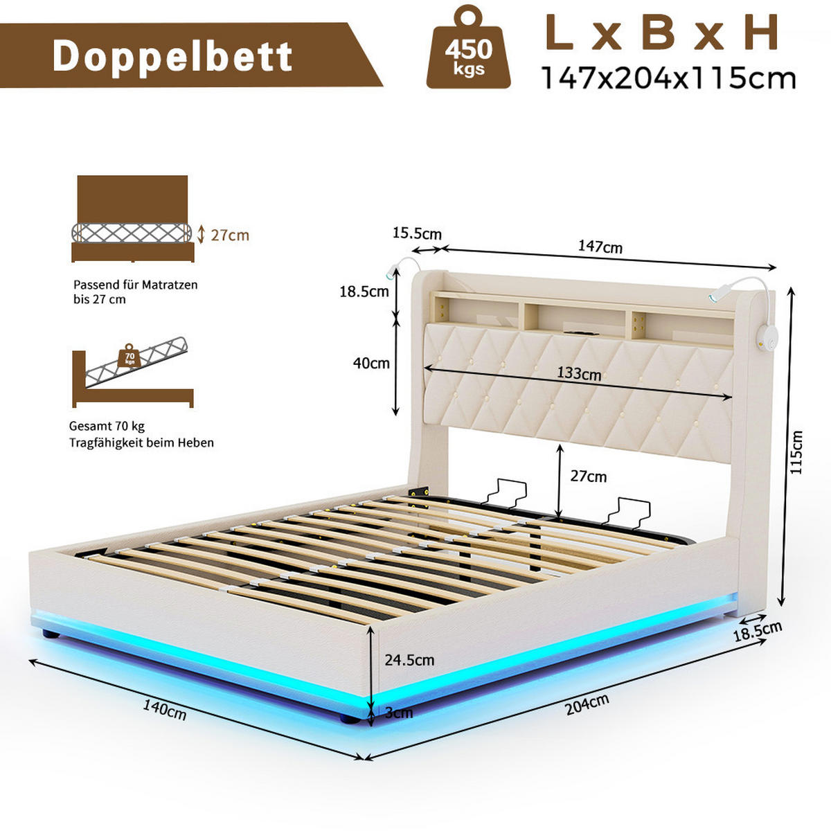 POLSTERBETT 140x190 CM mit LED und USB C- Bettgestell mit Hydraulischem und PU Kopfteil Stauraum, mit 2 Leselampe,2 Personen,Beige,PU - Beige, Metall