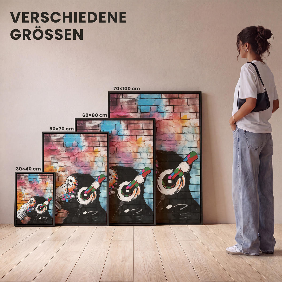LEINWAND Bilder mit Rahmen - Affe - Graffiti - Musik - 70x100 - Multicolor, Textil (70/100cm) - MuchoWow