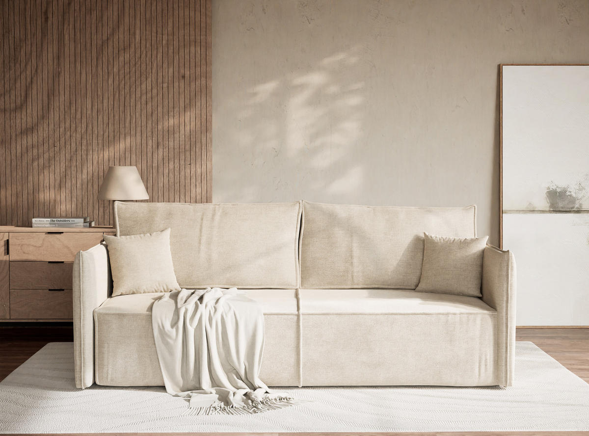 SOFA MIT SCHLAFFUNKTION Obra Beige Chenille-Stoff - Beige/Schwarz, Holz/Holzwerkstoff (220/70/107cm) - Maison de Reve