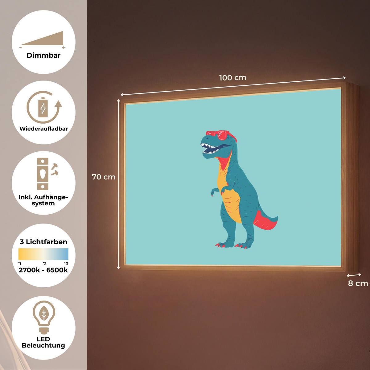 NACHTTISCHLAMPE MIT AKKU Dinosaurier - Blau - Sonnenbrille 100x70 cm - Hellblau, Holzwerkstoff (8/100/70cm) - OnlyWow