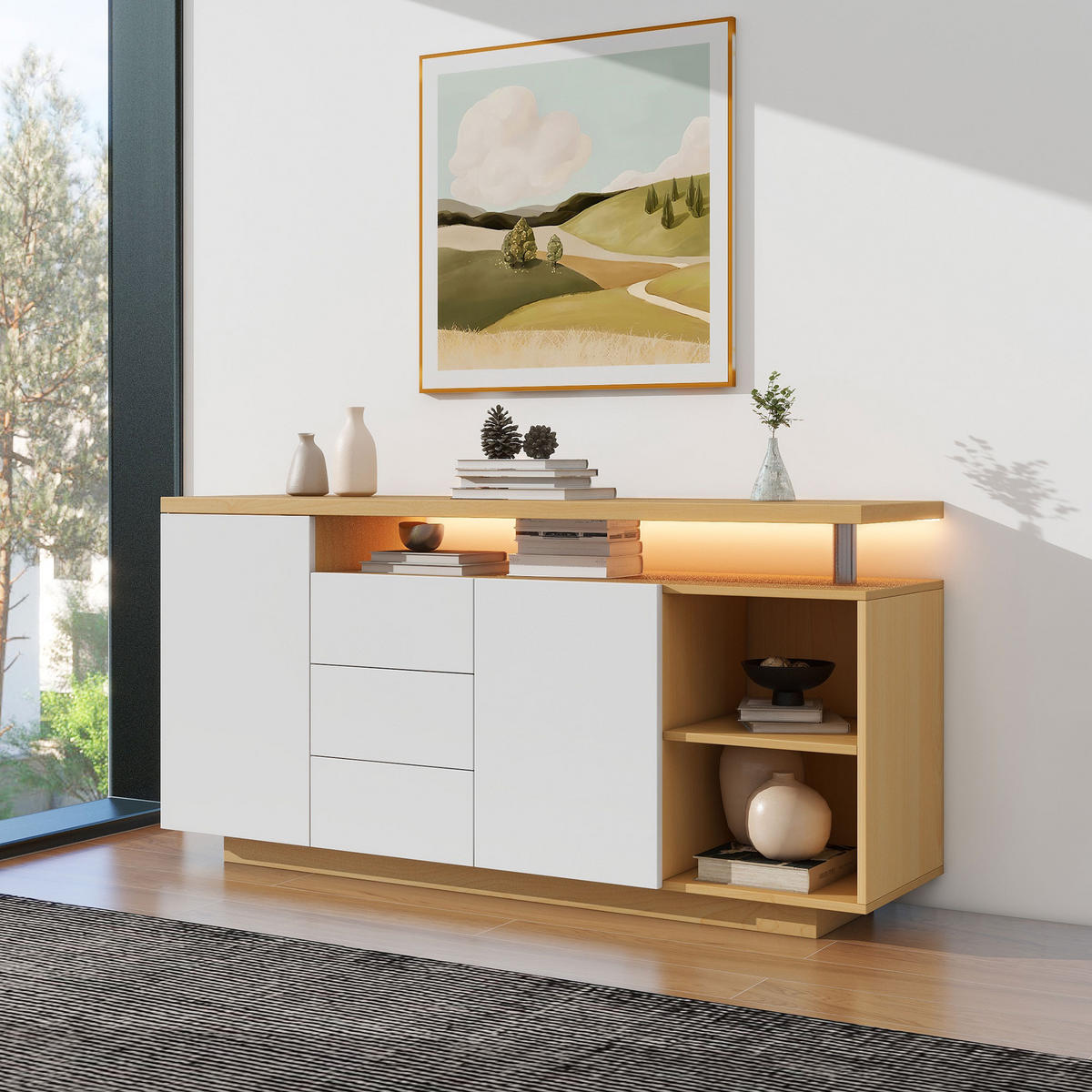 SIDEBOARD 140 cm mit LED 16 Farben Weiß Holzoptik 2 Türen 3 Schubladen Ablagen verstellbar MDF - Eichefarben/Weiß, Holzwerkstoff/Metall (140/70/40cm) - EVRYAE