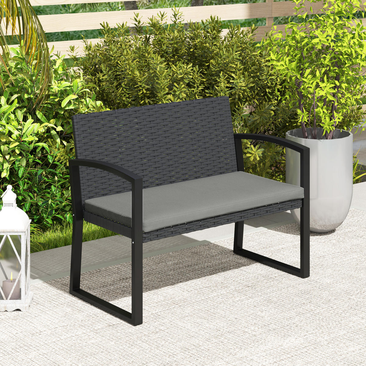 GARTENBANK 2-Sitzer DE-13681 mit Polsterkissen Grau & Schwarz - Grau, Kunststoff/Metall (103/78/58cm) - ComfortXL