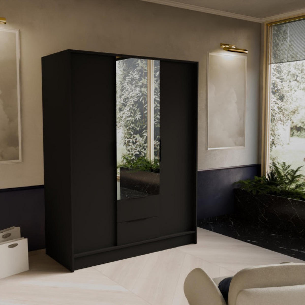 SCHRANK Schwarz NIKOLA Mit Spiegel Und Verstellbaren Regalen 150 cm - Transparent/Schwarz, Holzwerkstoff (150.5/200/51cm) - Sepro Meble