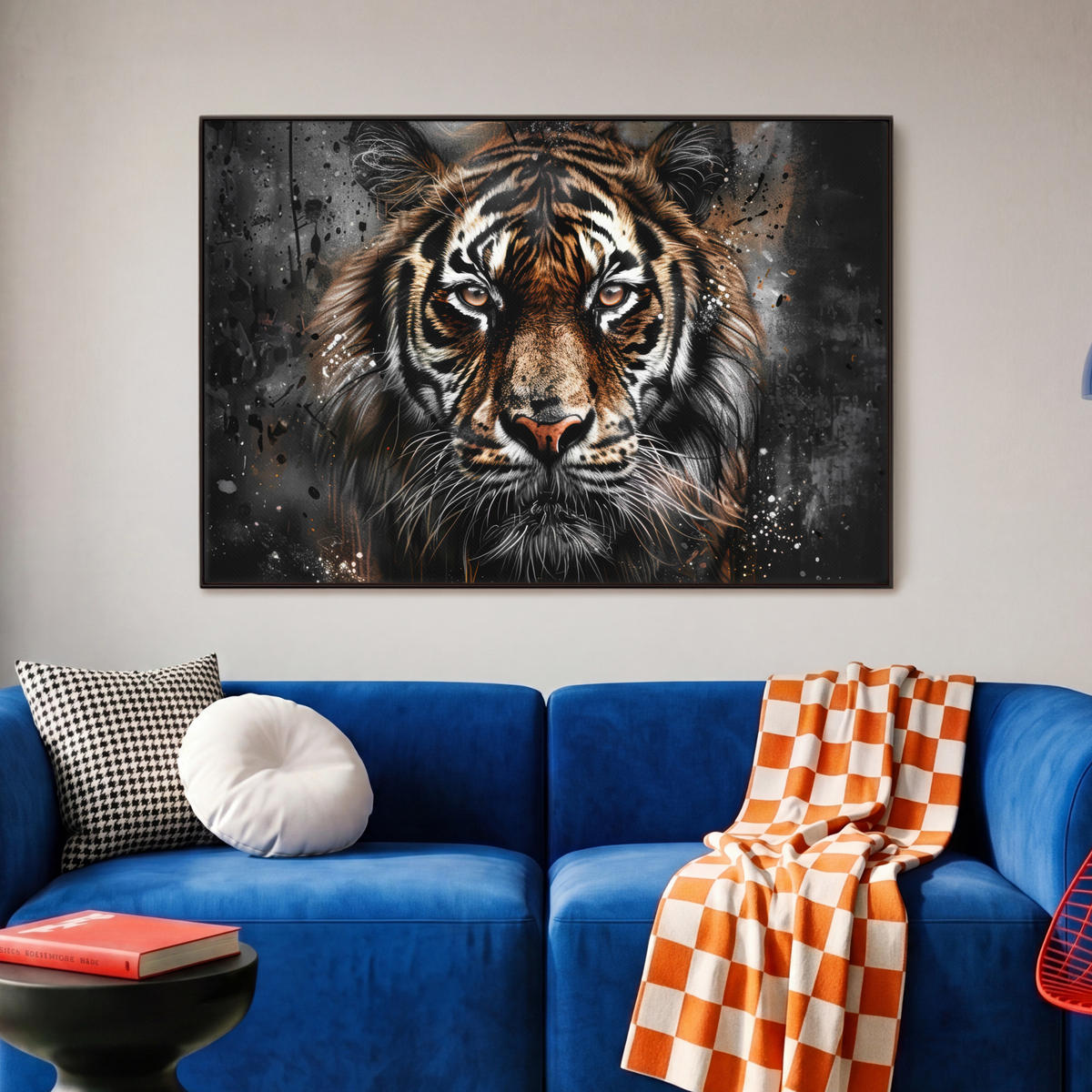 LEINWAND Bilder mit Rahmen - Tiger - Tiere - Porträt - Luxus - Schwarz - 90x60 - Braun, Textil (90/60cm) - MuchoWow