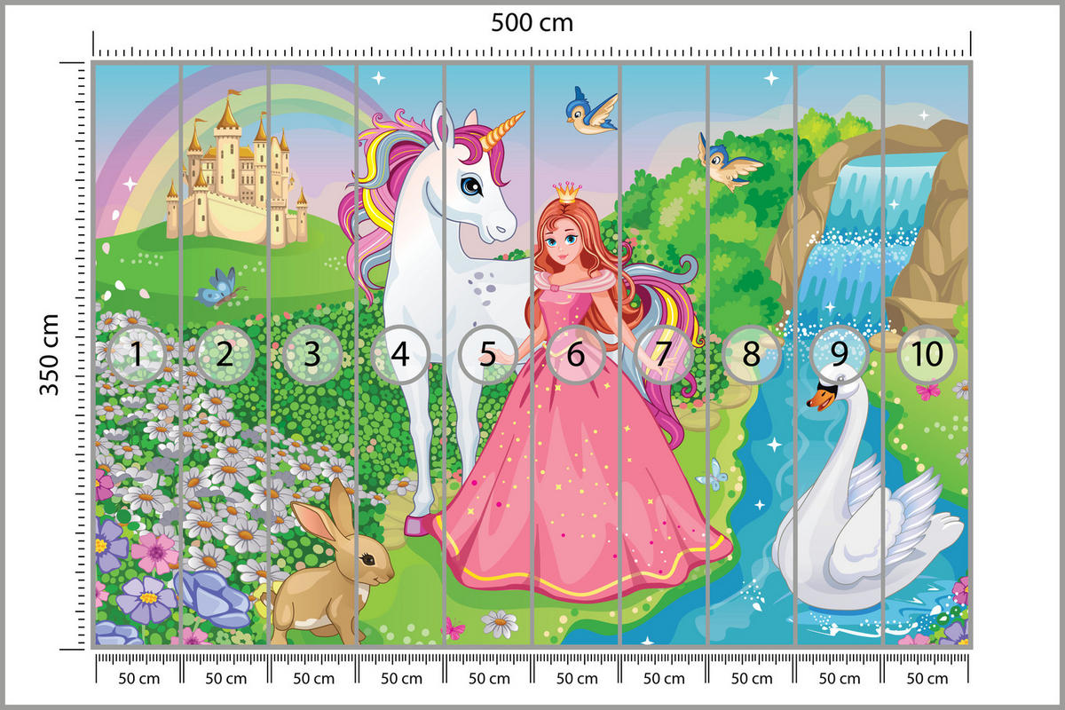 FOTOTAPETE für Kinderzimmer Prinzessin Einhorn Schloss Wasserfall Blumen 500x350 - Blau/Gelb, Papier (500/350cm) - Muralo