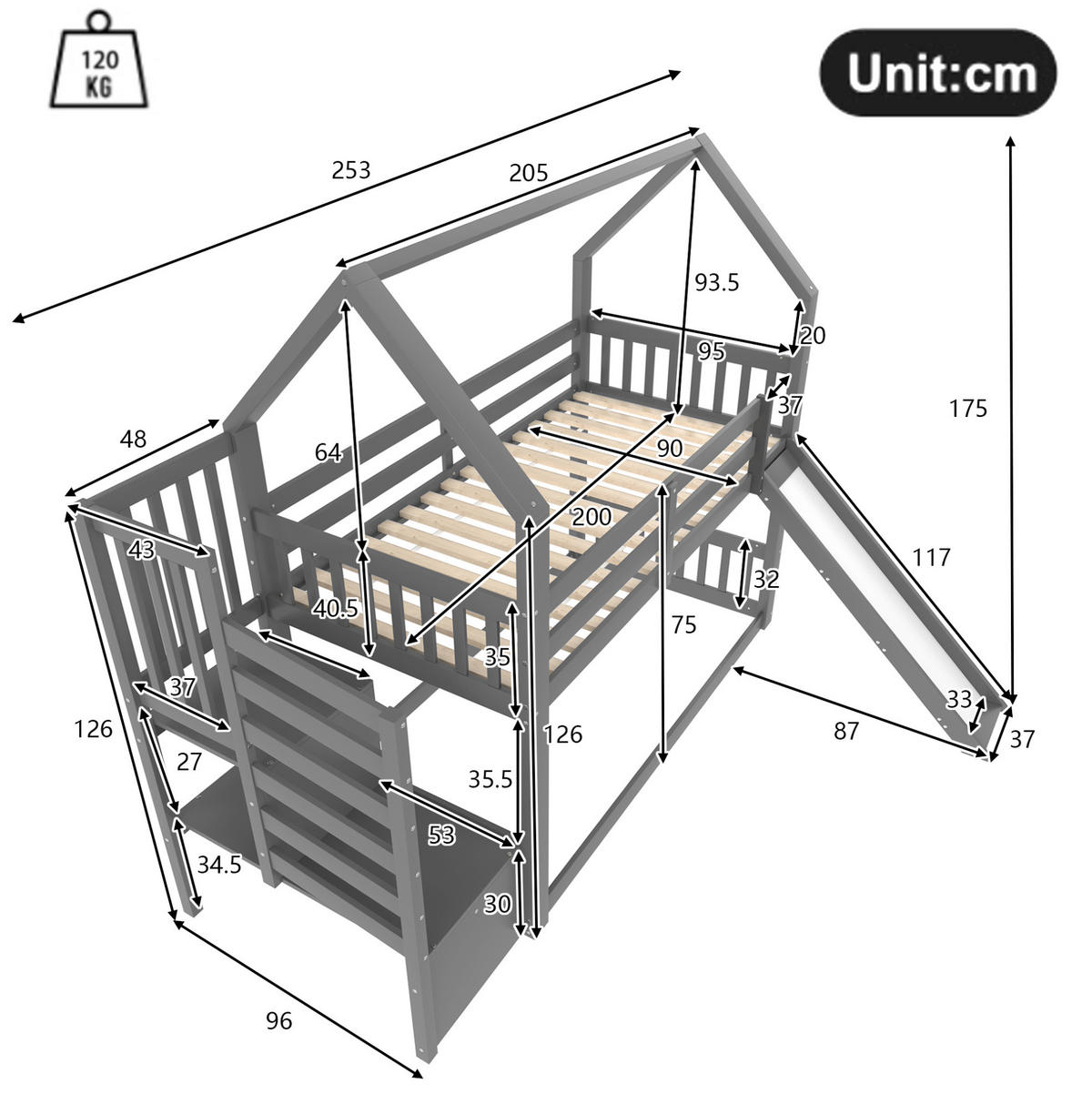 ETAGENBETT 90/200 cm Grau mit Rutsche, Stauraumtreppe und Hausdesign - Grau, Holz (90/200cm) - Flora Grace