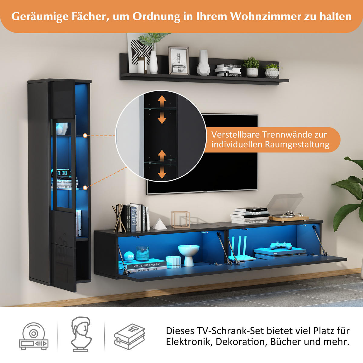 WOHNWAND 3-teilig LED Hochglanz Schwarz 80 Zoll - Schwarz, Holzwerkstoff (207/130/30cm) - FLIEKS