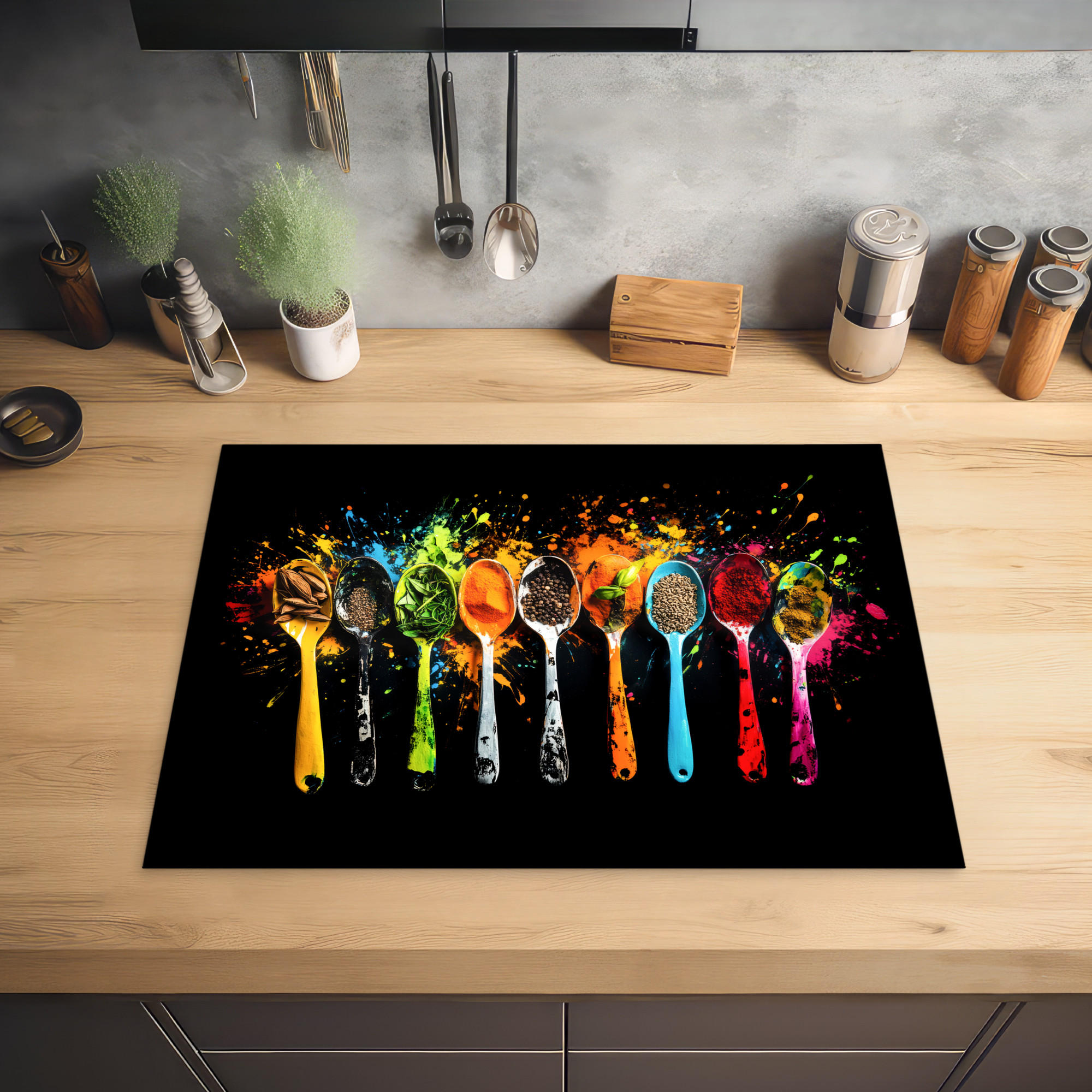 HERDABDECKPLATTE Löffel - Gewürze - Modern - Graffiti - Farbe - Farbenfroh 71x52 cm - Multicolor, Kunststoff (71/0.2/52cm) - MuchoWow