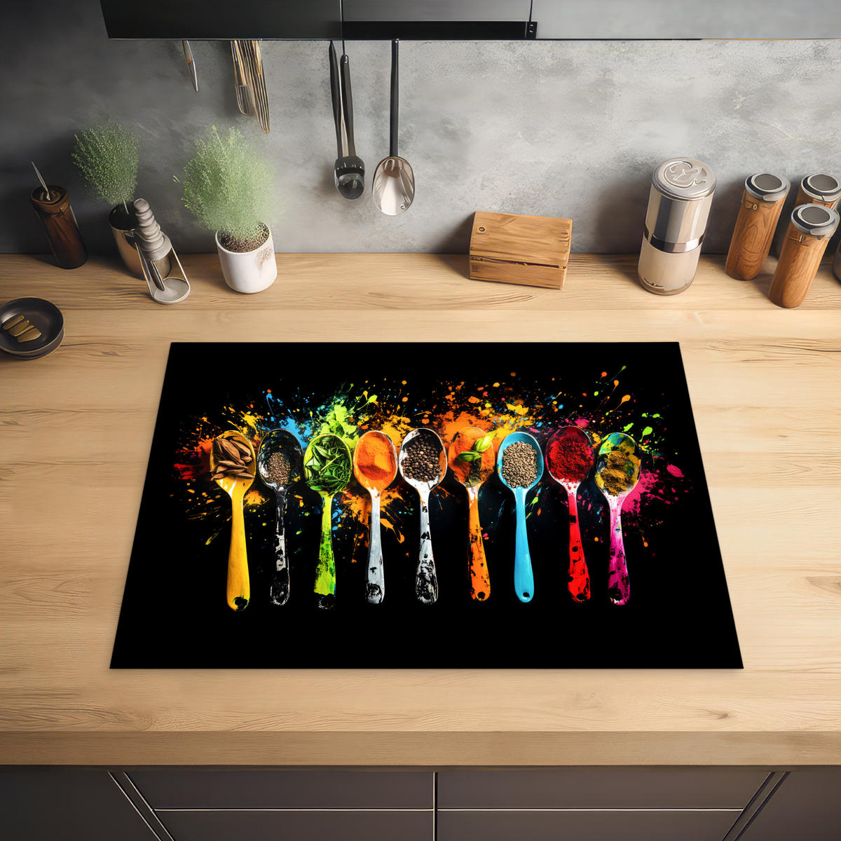HERDABDECKPLATTE Löffel - Gewürze - Modern - Graffiti - Farbe - Farbenfroh 70x52 cm - Multicolor, Kunststoff (70/0.2/52cm) - MuchoWow