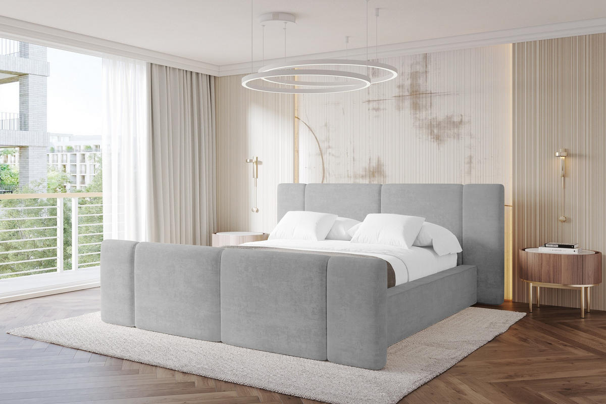POLSTERBETT mit Bettkasten, Fußteil und Lattenrost, Bett mit Matratze H3/H4 - RIVO-Z 140x200 Grau - Hellgrau, Holzwerkstoff/Textil (140/200cm) - ALTDECOR