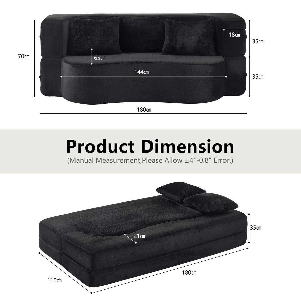SCHLAFSOFA 2-in-1 faltbar Schwarz mit 2 Kissen - Schwarz, Kunststoff (180/70/55cm) - Meubliv