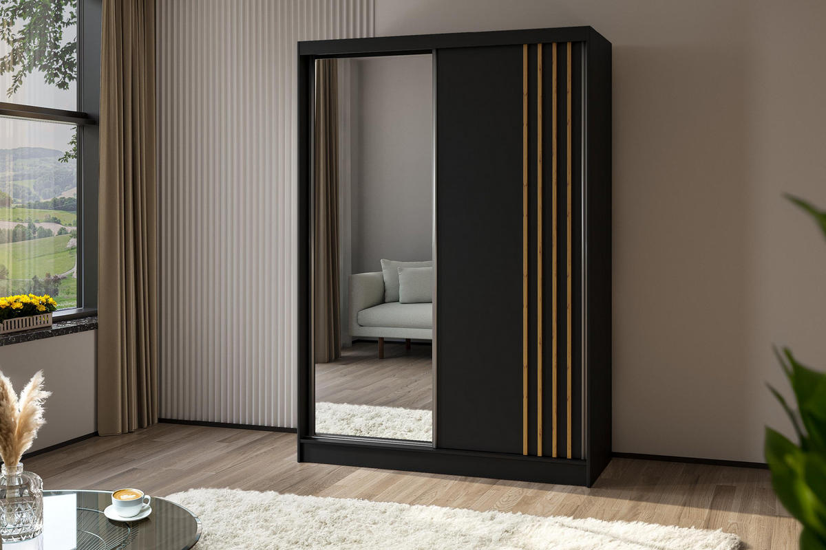 SCHWEBETÜRENSCHRANK Neli 150 cm mit Lamellen und Spiegel 2-türig, schwarz, schwarz, Lamelle Artisan - Schwarz/Eiche Artisan, Kunststoff (150/216/61cm) - Margaret Hadas24