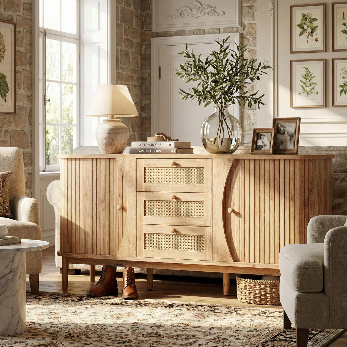 SIDEBOARD Rattan Kommode mit Schiebetüren, 140.5/40/76cm - Körsbärsfärgad, Träbaserade material (140/76/40cm) - Urban Meuble