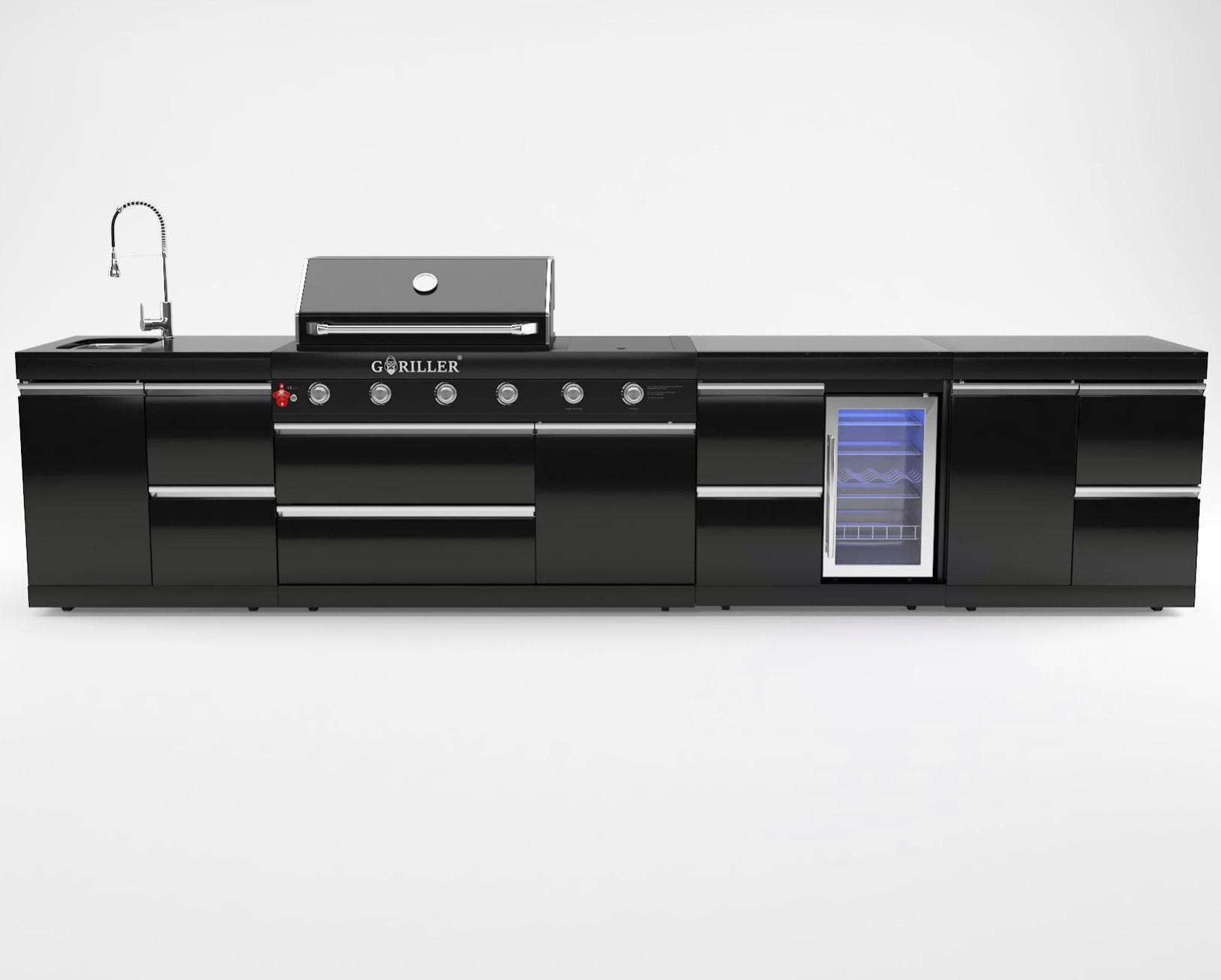 GORILLER® BLACKBACK L4 Outdoor-Küche, Gasgrill mit Kühlschrank, Waschbecken, Extra-Arbeitsfläche und Stauraum, Edelstahl, Schwarz - Schwarz Hochglanz, Metall (383/90/58cm) - Goriller