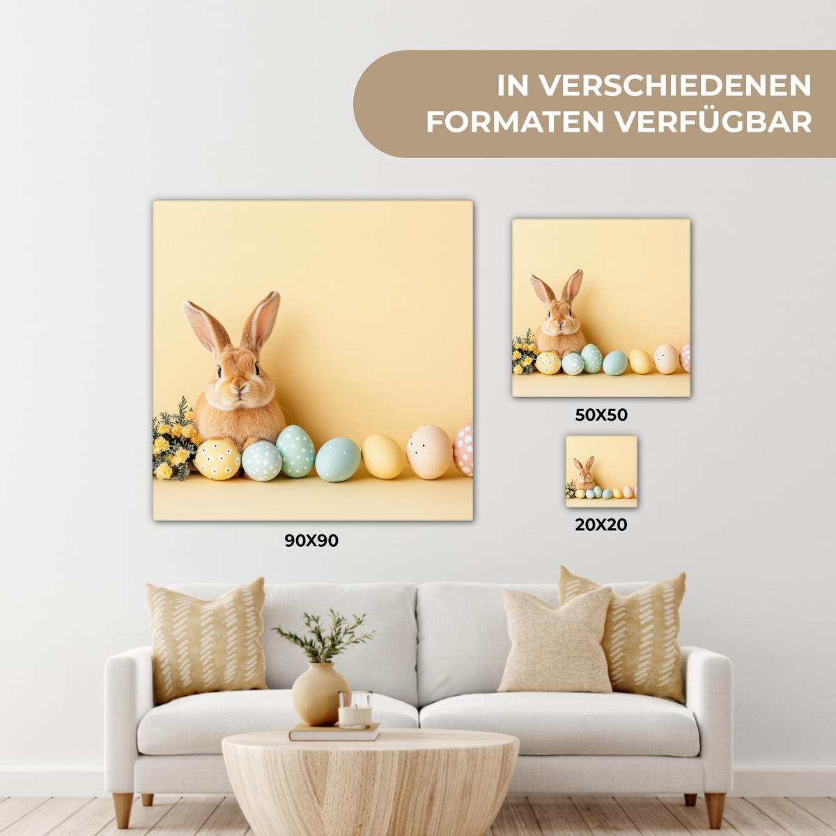 LEINWANDBILD Eier - Kaninchen - Pastellfarbtöne Deko Groß 90x90 cm - Hellgelb, Textil (90/90cm) - MuchoWow