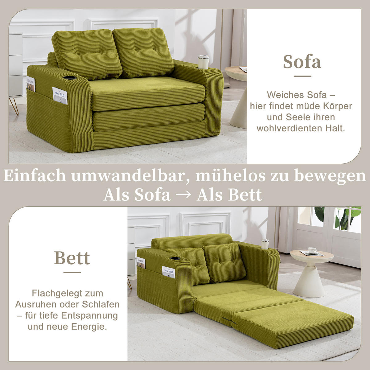 SCHLAFSOFA in Olive Cord mit Getränkehalter und Seitentaschen - Olivgrün, Textil (136/82.5/80cm) - Oxeza