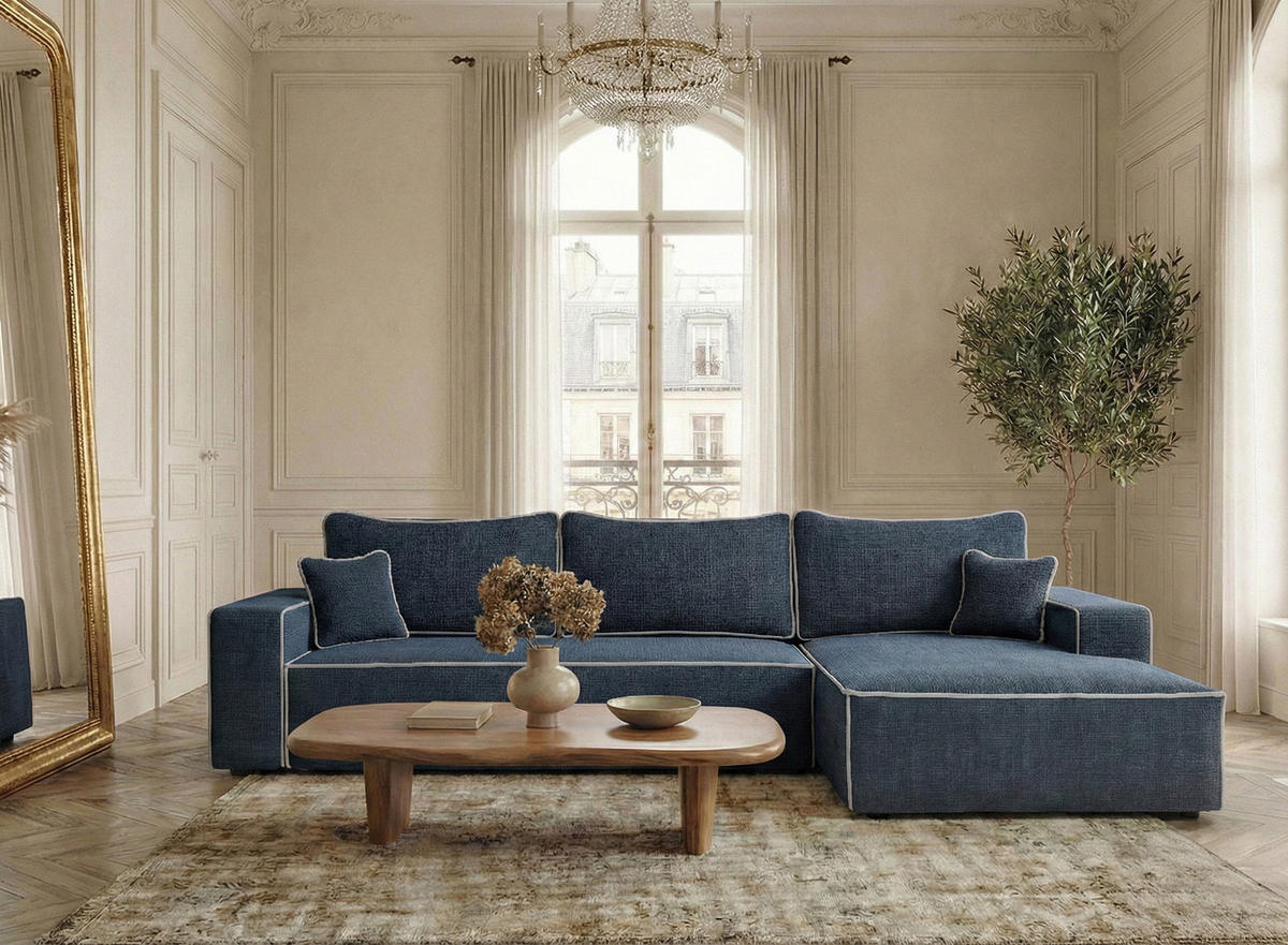 ECKSOFA MIT SCHLAFFUNKTION Modo Grau Chenille-Stoff - Rechts Seite - Schwarz/Dunkelblau, Holz/Holzwerkstoff (294/185cm) - Maison de Reve