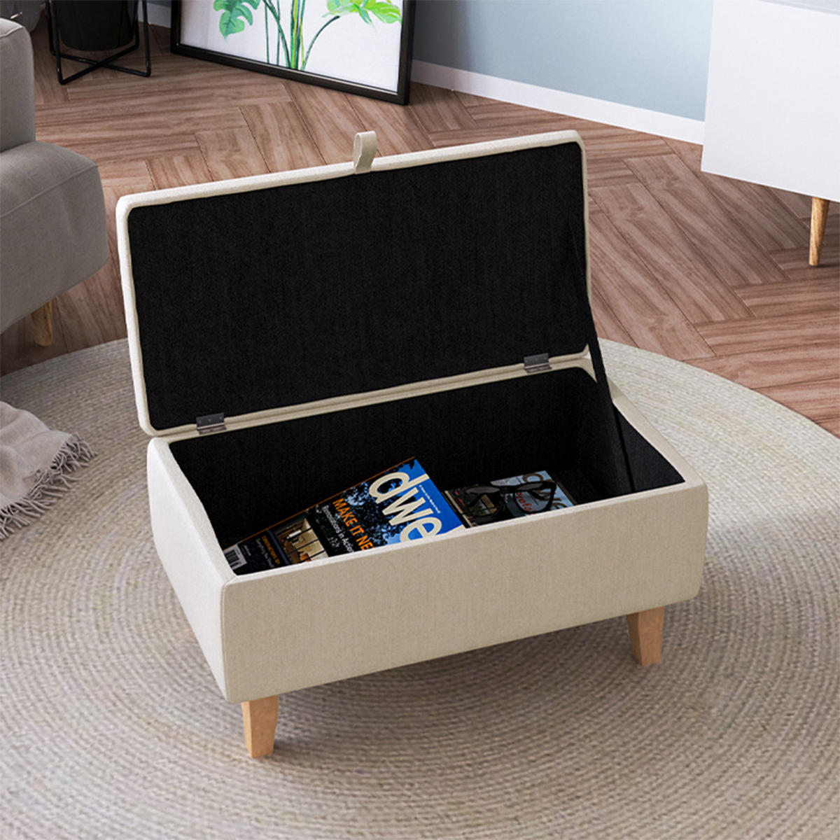 POLSTERHOCKER aus Leinen Schaumstoff Gummiholz in Beige 2-in-1-Design-Aufbewahrungshocker Stauraum 71/37/34 cm - Beige, Holz/Textil (71/34/37cm) - Livingandhome