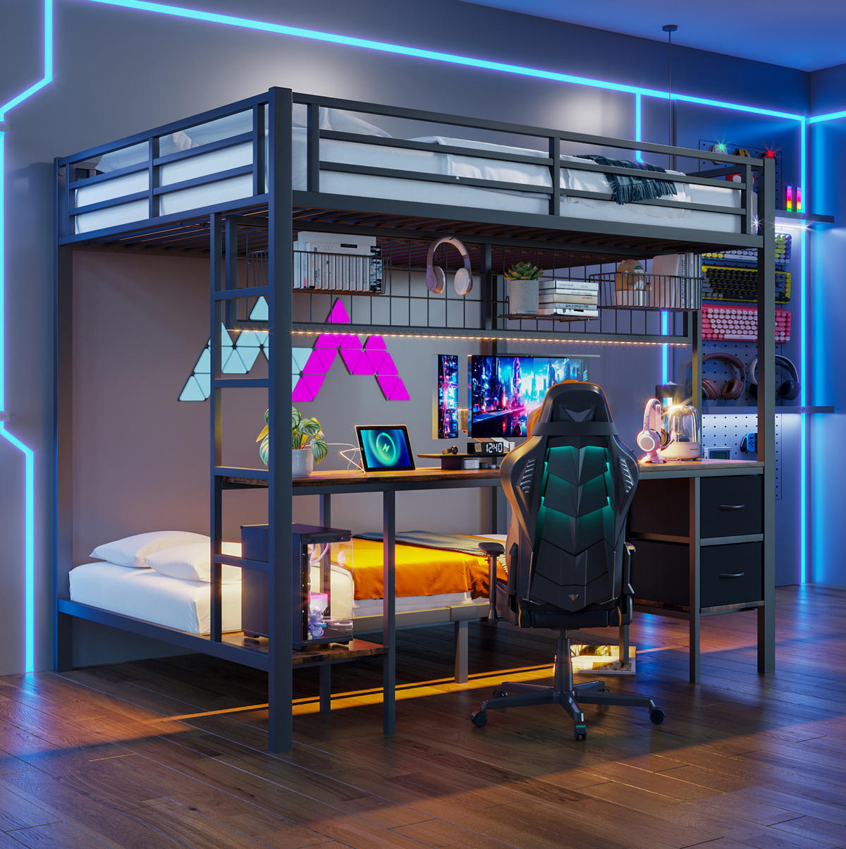 HOCHBETT 140/200 cm aus Metall/MDF mit Schreibtisch und LED-Leiste Schwarz - Schwarz, Metall (140/200cm) - Modenvie