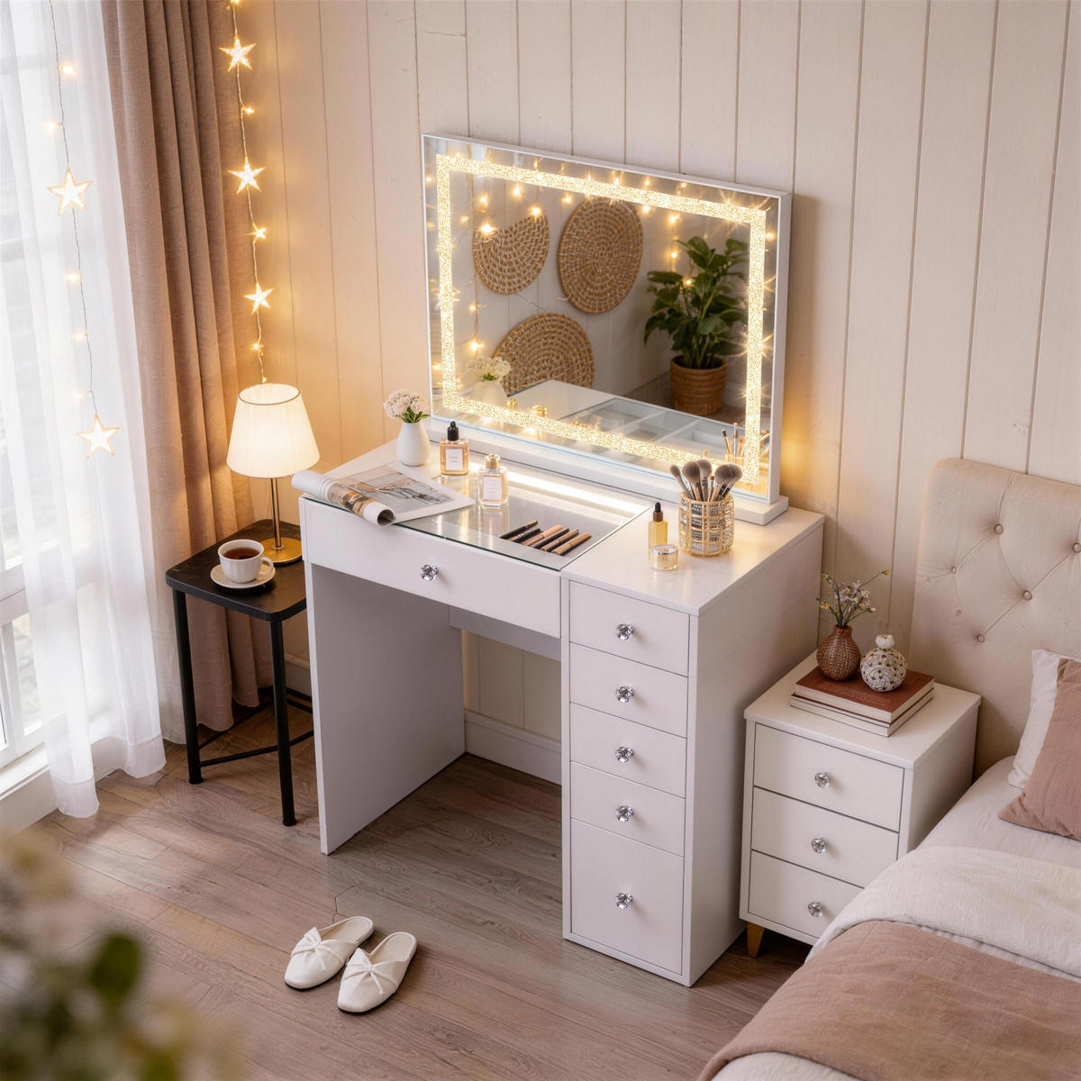 SCHMINKTISCH mit 6 Schubladen 92/55/81 CM und LED Beleuchtung Schminkspiegel Lichtleiste gestreute Diamanten und Bluetooth weiß 80/58 cm - Weiß, Holz (55/81/92cm) - VANITII