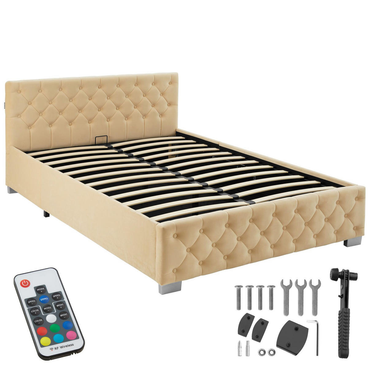 POLSTERBETT Venice,großer Stauraum,beige - Beige, Holz (140/200cm) - tectake