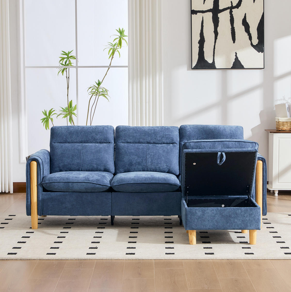 SOFA 201/77/86 cm in Blau aus Chenille mit Stauraumhocker - Blau, Textil (77/86/201cm) - Flora Grace