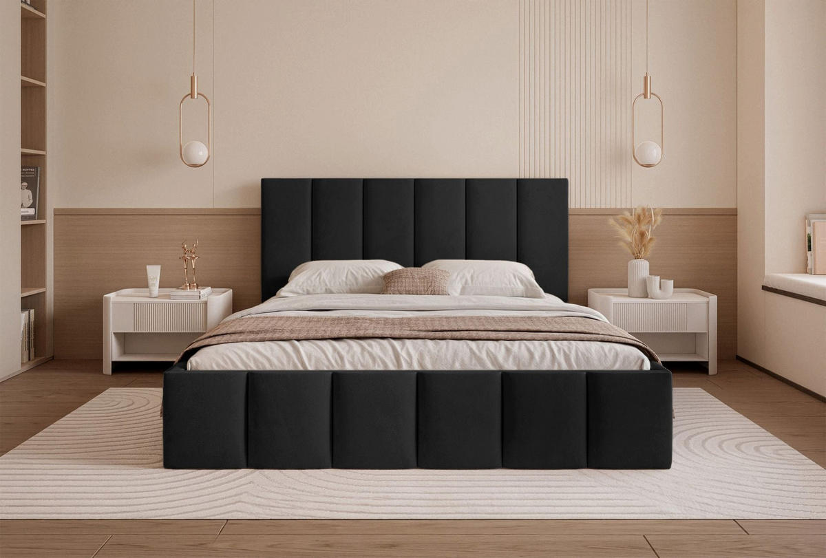 POLSTERBETT Sarafino Schwarz Samt 140x200 cm - Schwarz, Textil (140/200cm) - Selsey