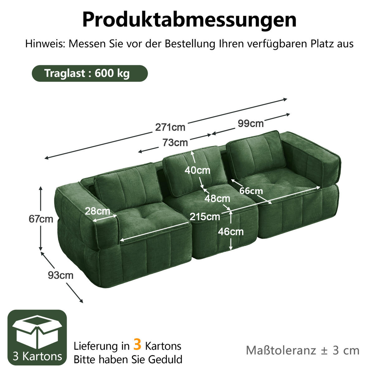 SOFA 271/93/67 cm in Grün aus Polyester mit modularer Flexibilität und rutschfester Basis - Grün, Kunststoff (93/67/271cm) - Flora Grace