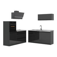 KÜCHENZEILE R-Line, Anthrazit Hochglanz/Anthrazit, 160 cm Arbeitsplatte Marmor - Schwarz Hochglanz/Anthrazit, Holzwerkstoff (160/143/60cm) - Vicco