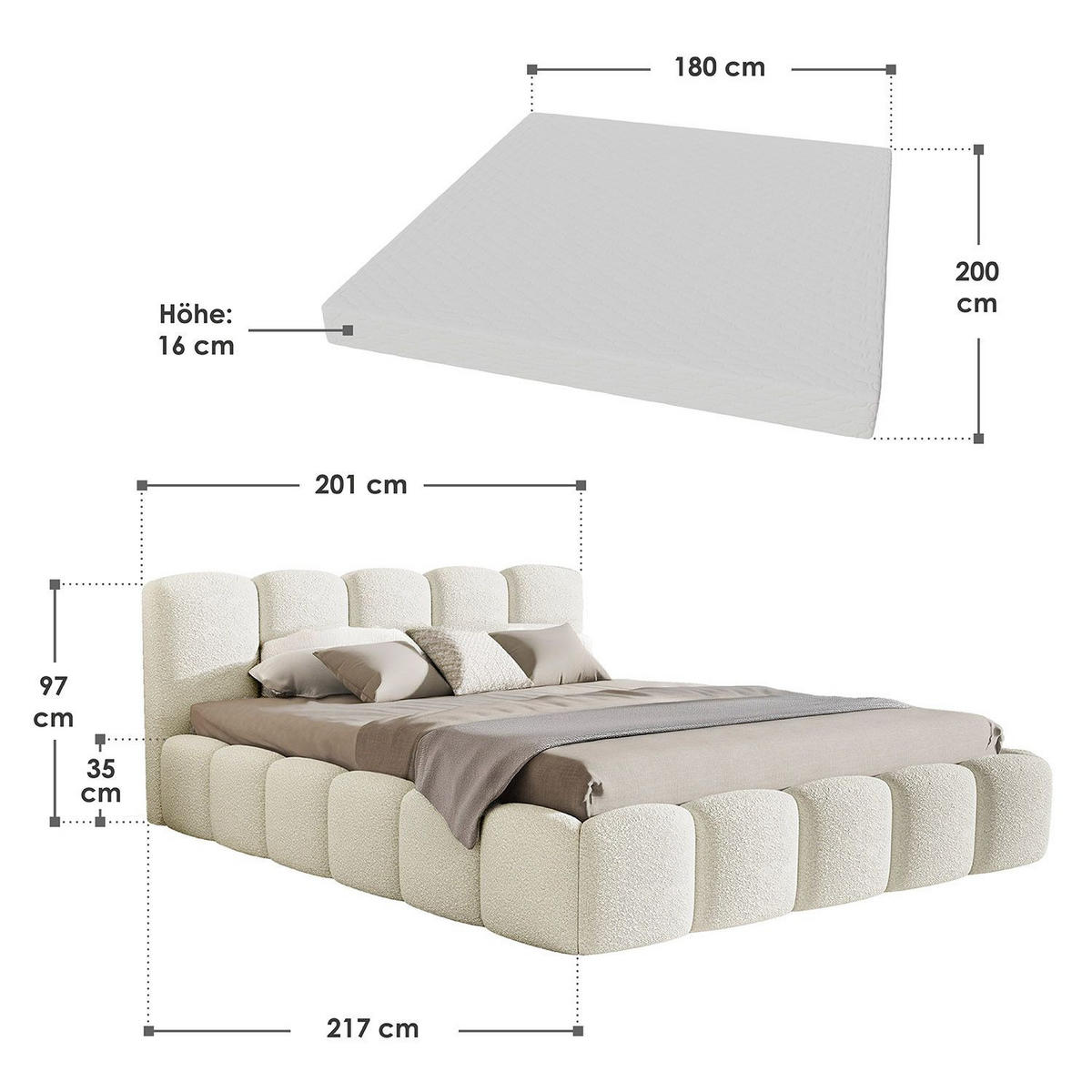 POLSTERBETT Catania 180/200 cm Creme Bouclé inkl Matratze - Creme, Textil (180/200cm) - Juskys
