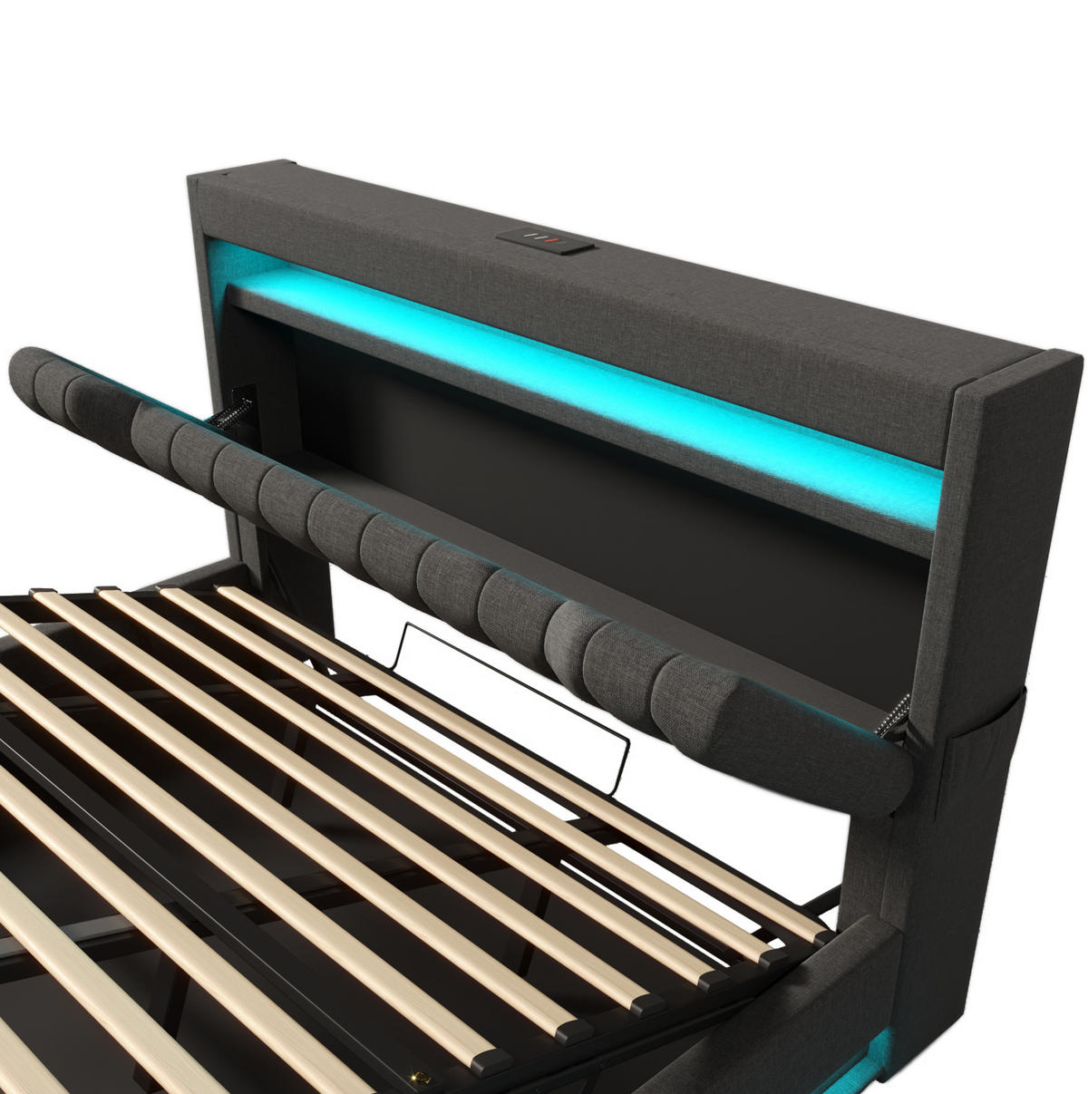 POLNJENA postelja iz lanu 140x190 cm siva z LED osvetlitvijo, USB in Type-C priključki ter hidravličnim predalom - siva, tekstil (140/190cm) - Modfu