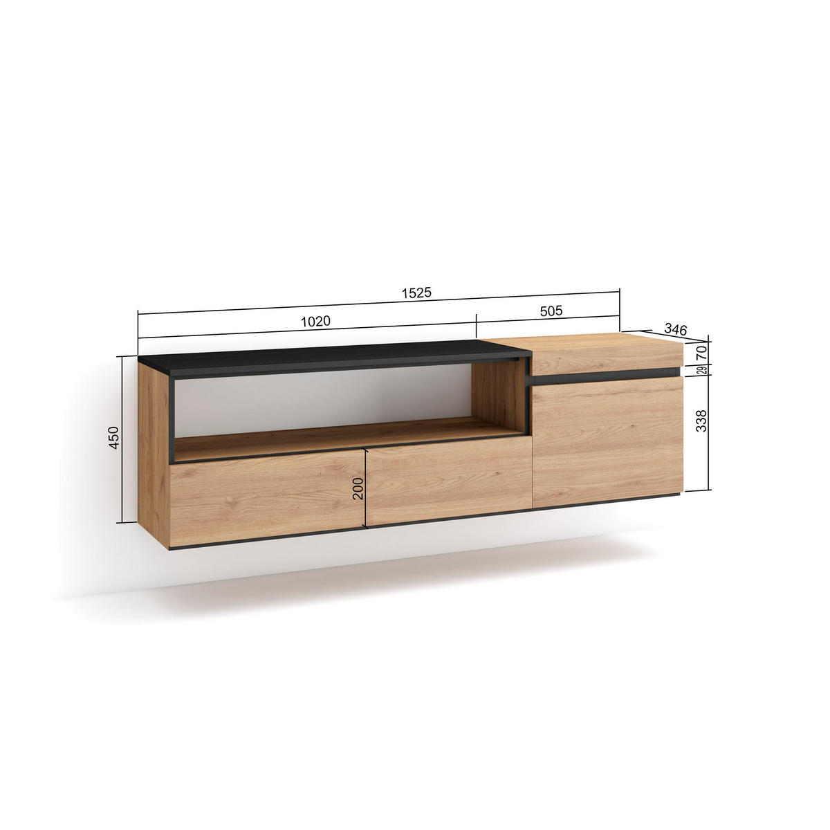 TV-SCHRANK eiche, schwarz, Hängend, 150/35/45cm - Naturfarben, Holzwerkstoff (150/45/35cm) - Skraut Home