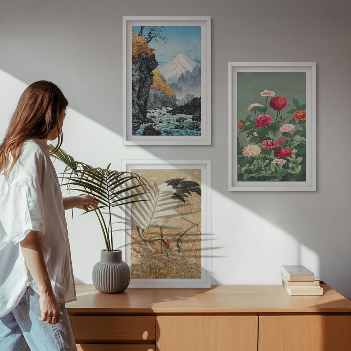 WANDBILDER 3er-Set - 40x60 cm Weißer Rahmen - Berglandschaft, Fluss, Blumen, Kraniche - Weiß, Kunststoff (40/60cm) - ArtPrintCave