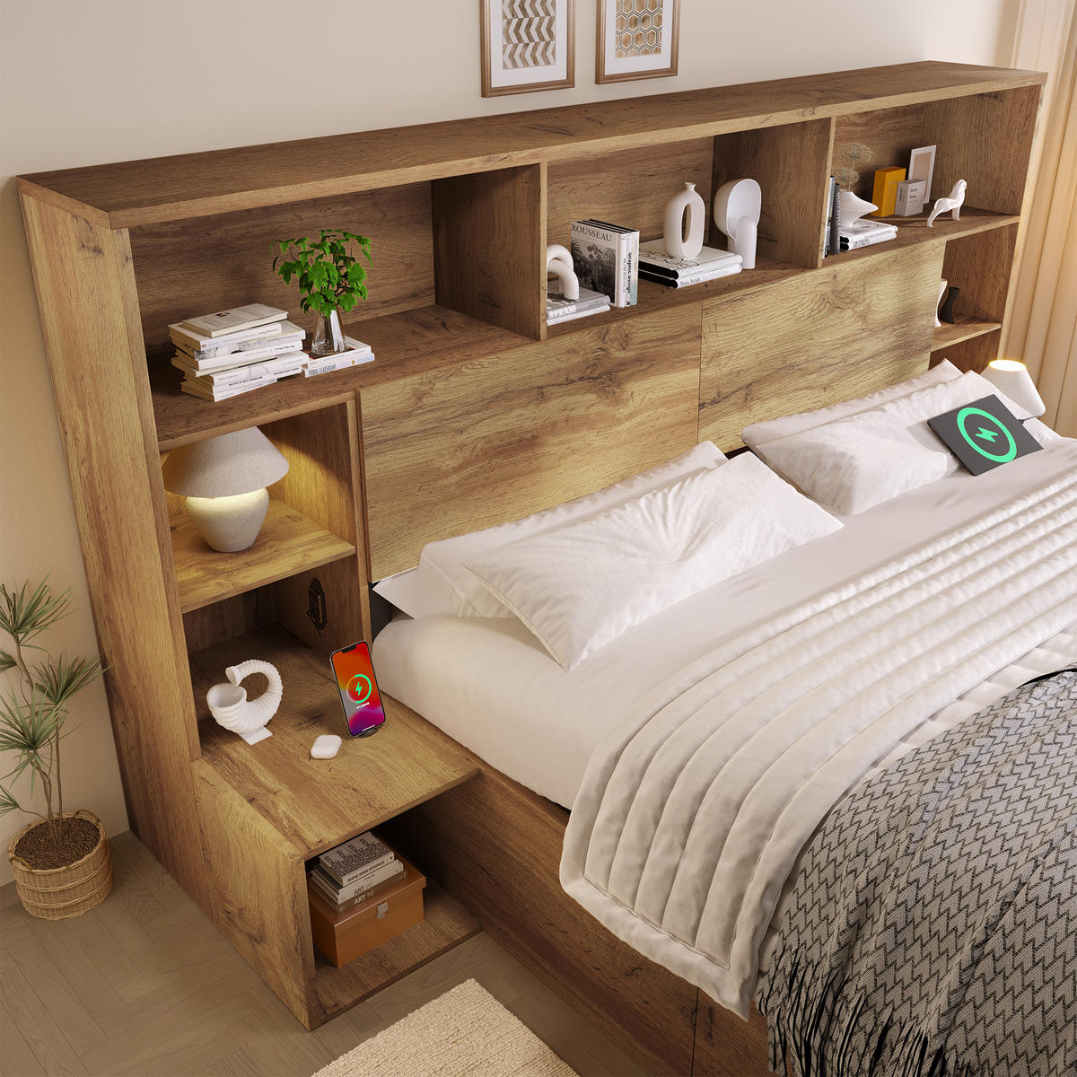 BETT 180/200 cm in Eiche mit Stauraum, LED, USB und Type-C - Eichefarben, Holzwerkstoff/Textil (180/200cm) - WISHDOR