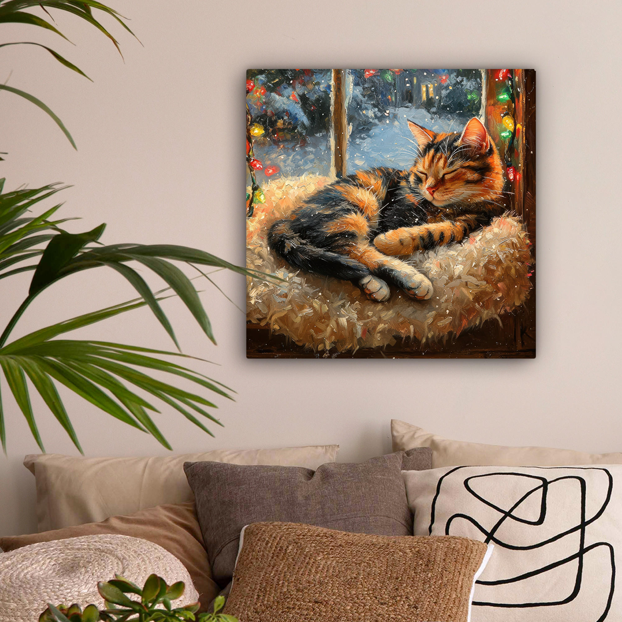 LEINWANDBILD Katze - Weihnachten - Winter - Tier 50x50 cm - Bernsteinfarben, Textil (50/50cm) - MuchoWow