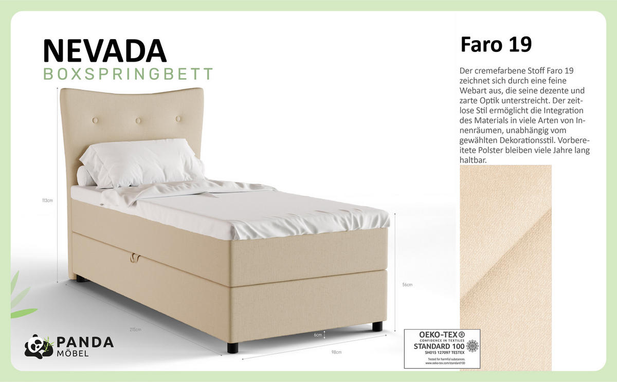 BOXBETT Nevada 90x200 cm Polsterbett mit hochwertiger Bonell-Matratze und Topper - beige - Beige, Holz (90/200cm) - Panda Möbel