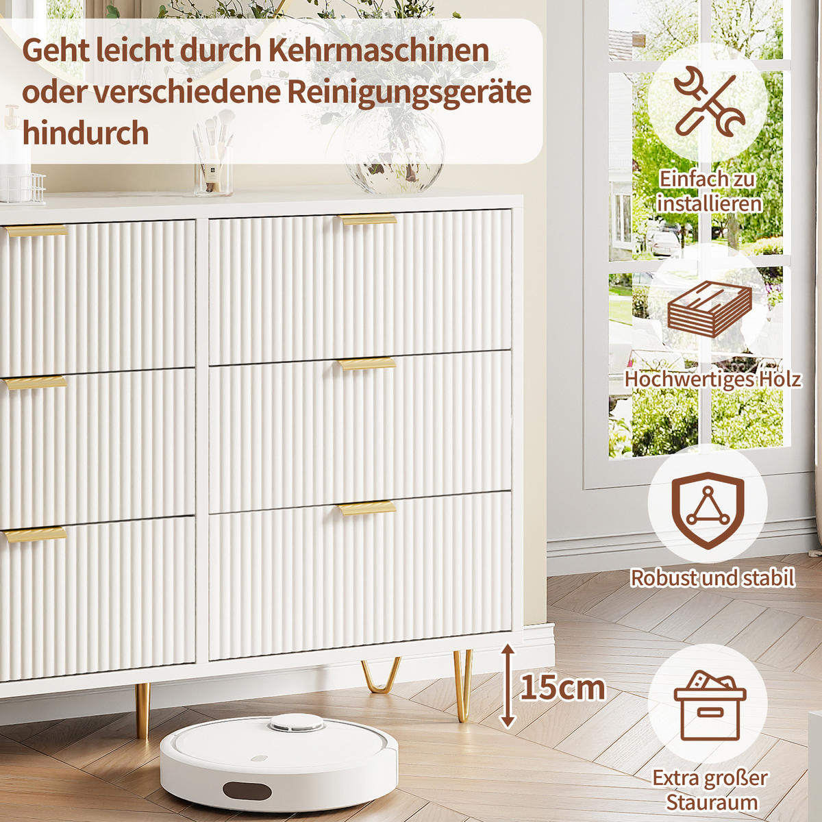 KOMMODE Modern‑Weiß mit vertikalem Rillendesign & goldenen Metallakzenten 34/100/73 cm - Weiß, Holz (100/73/34cm) - Joyfair