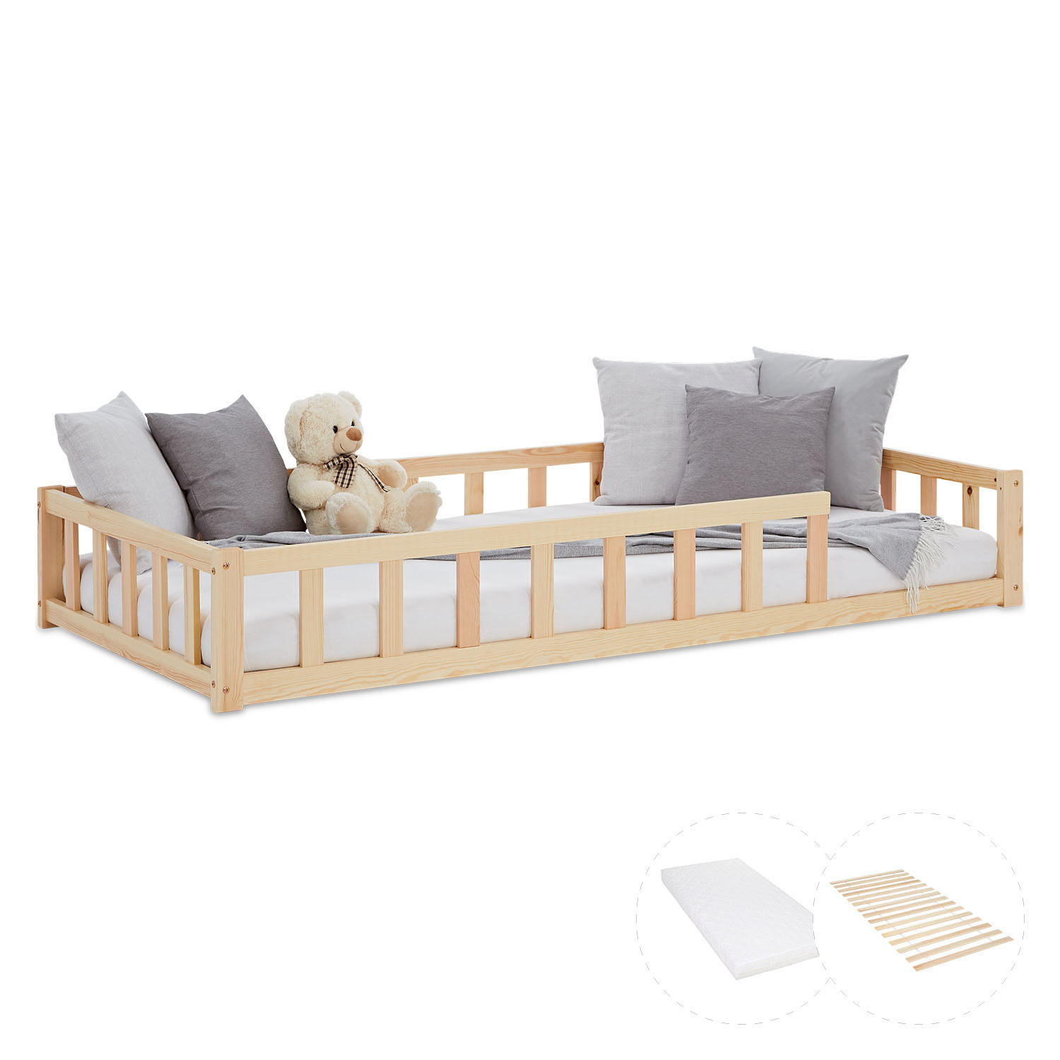 BODENBETT 90x200 Natur Lattenrost + Matratze - Naturfarben, Holz (90/200cm) - Homestyle4u