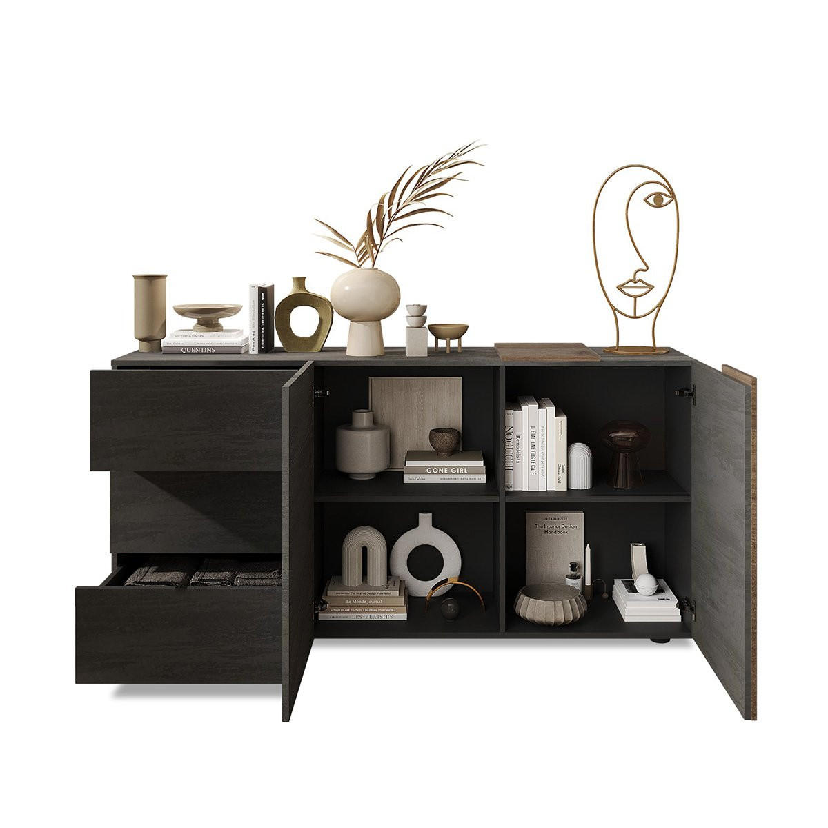 BUFFET 2 Türen 3 Schubladen L181 cm - Pluton - Nussbaumfarben, Holzwerkstoff (44/84/181cm) - Calicosy