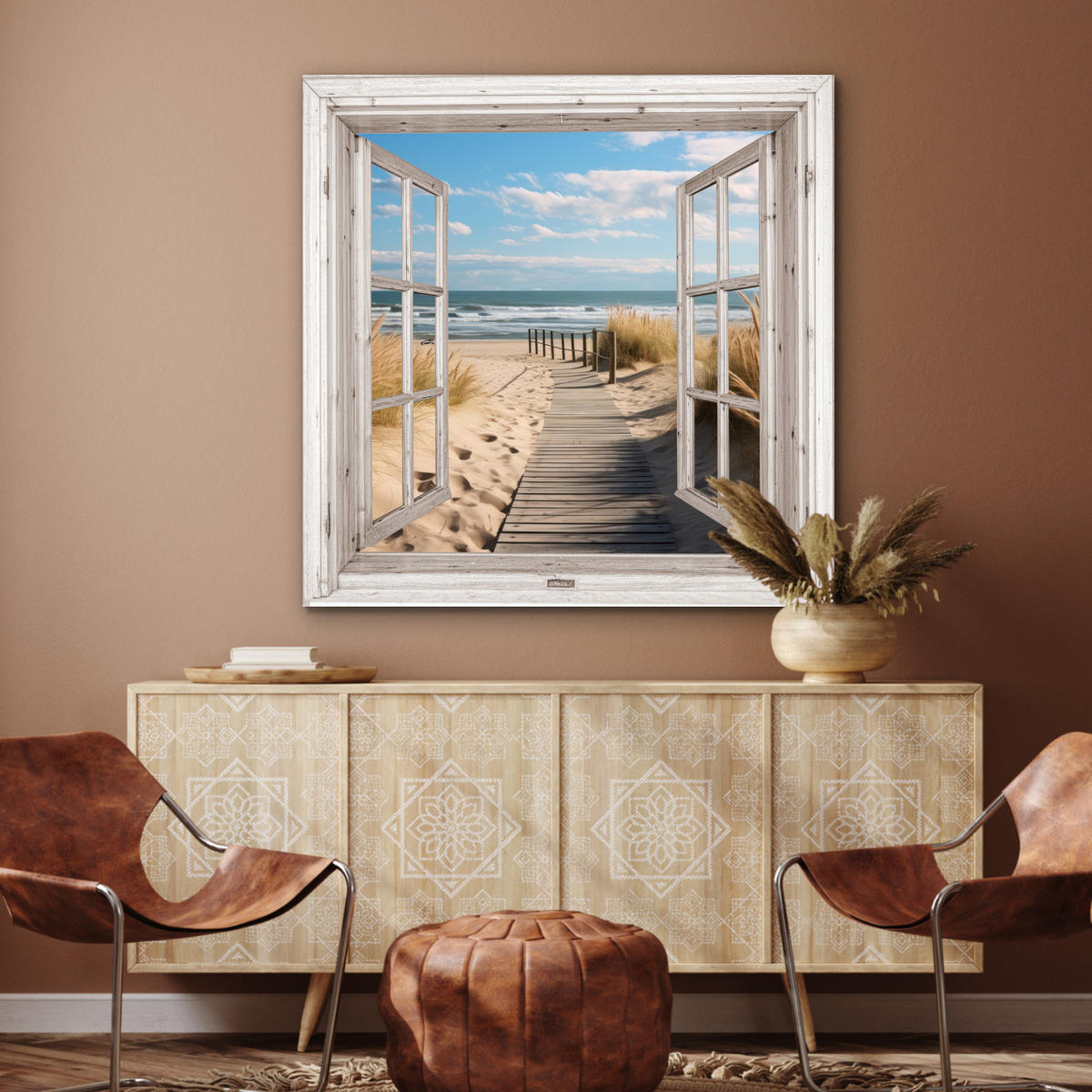 KOVOVÝ OBRAZ Okno - more - pobrežie - príroda - výhľad - pláž - Waddenské more 90x90 cm - béžová, kov (90/90cm) - MuchoWow