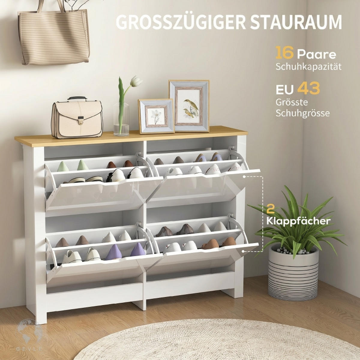SCHUHKIPPER DE-38046 105/26/80 cm mit 4 Klappfächern Weiß - Weiß, Holzwerkstoff (105/80/26cm) - ComfortXL