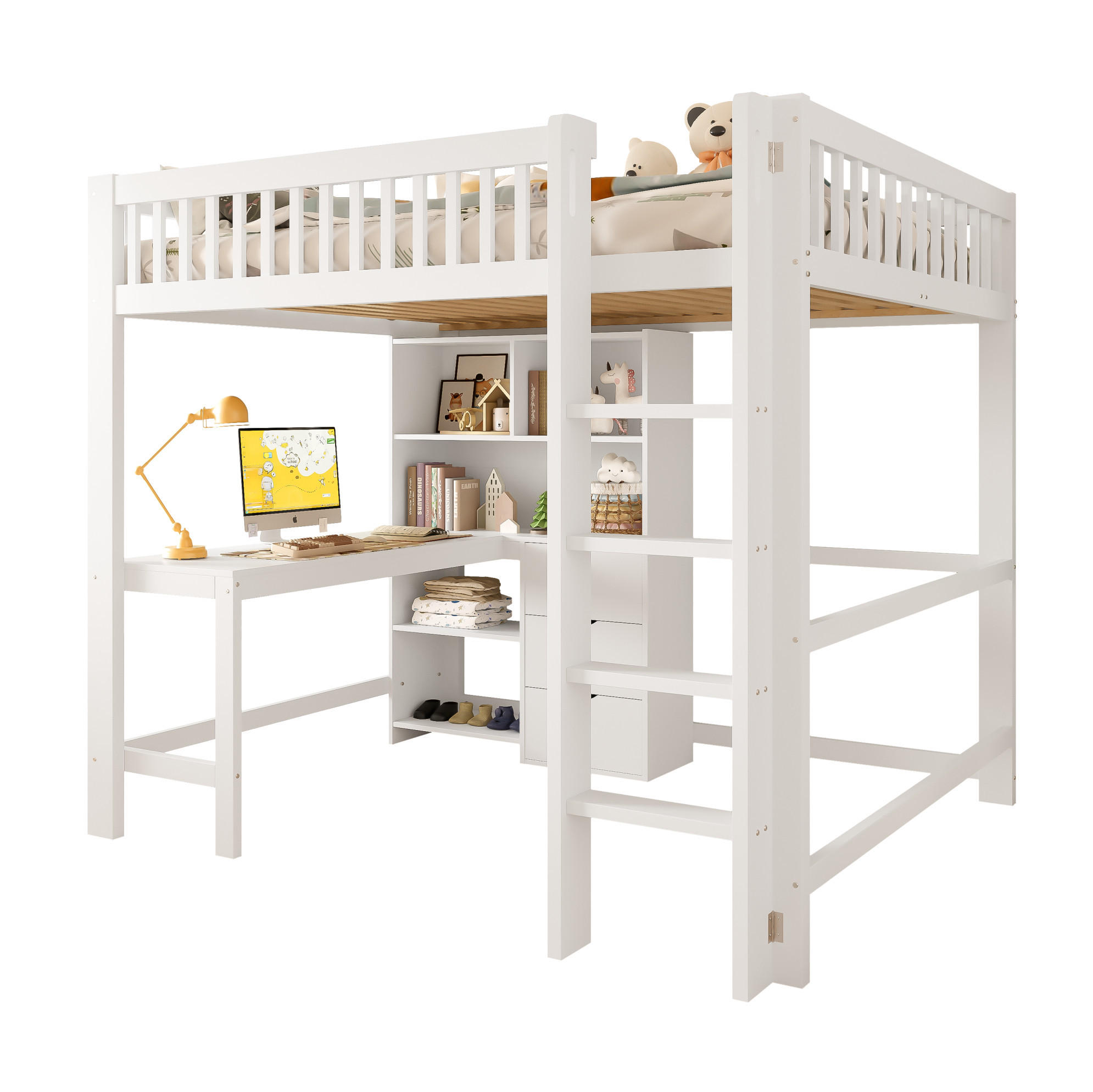 PATROVÁ postel 140/200 cm bílá s psacím stolem a 3 zásuvkami, bez matrace - bílá, dřevo (140/200cm) - OKWISH
