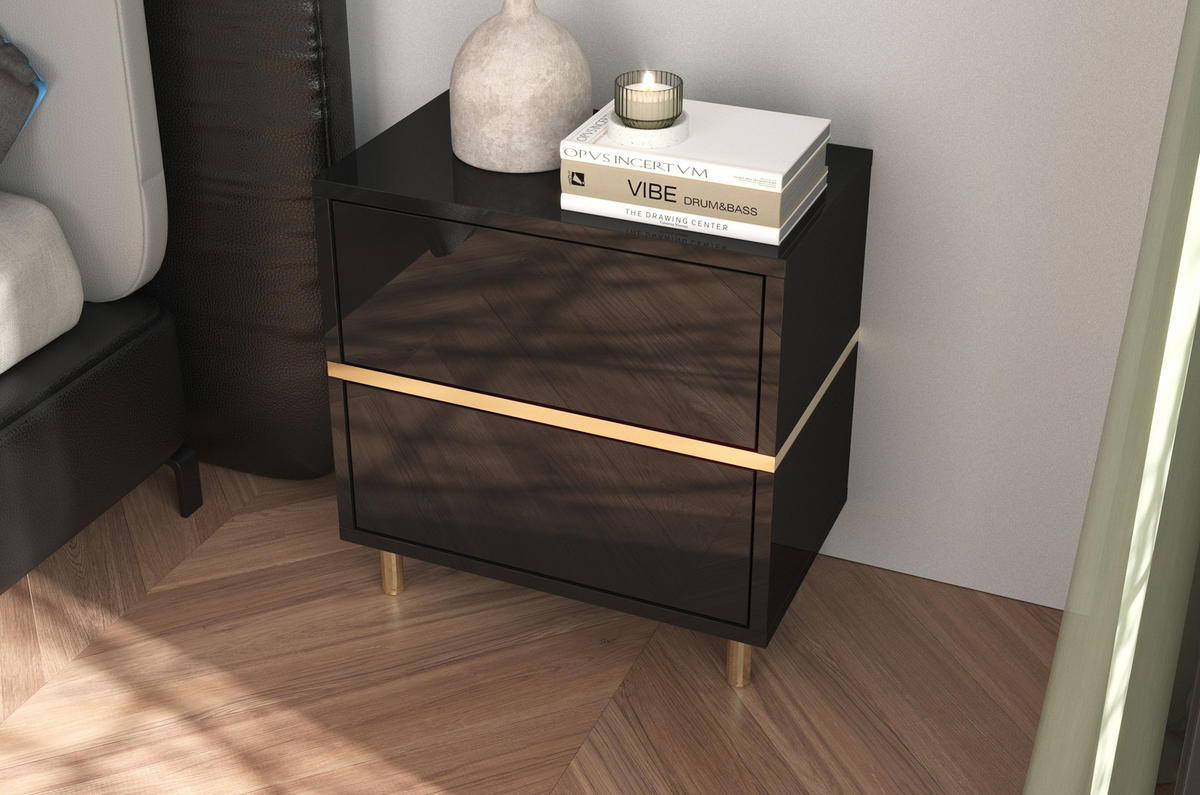 NACHTTISCH Marika, Schwarz, Gold, Hochglanz - Goldfarben/Schwarz, Holzwerkstoff/Metall (49/50.5/29.5cm) - Dancan