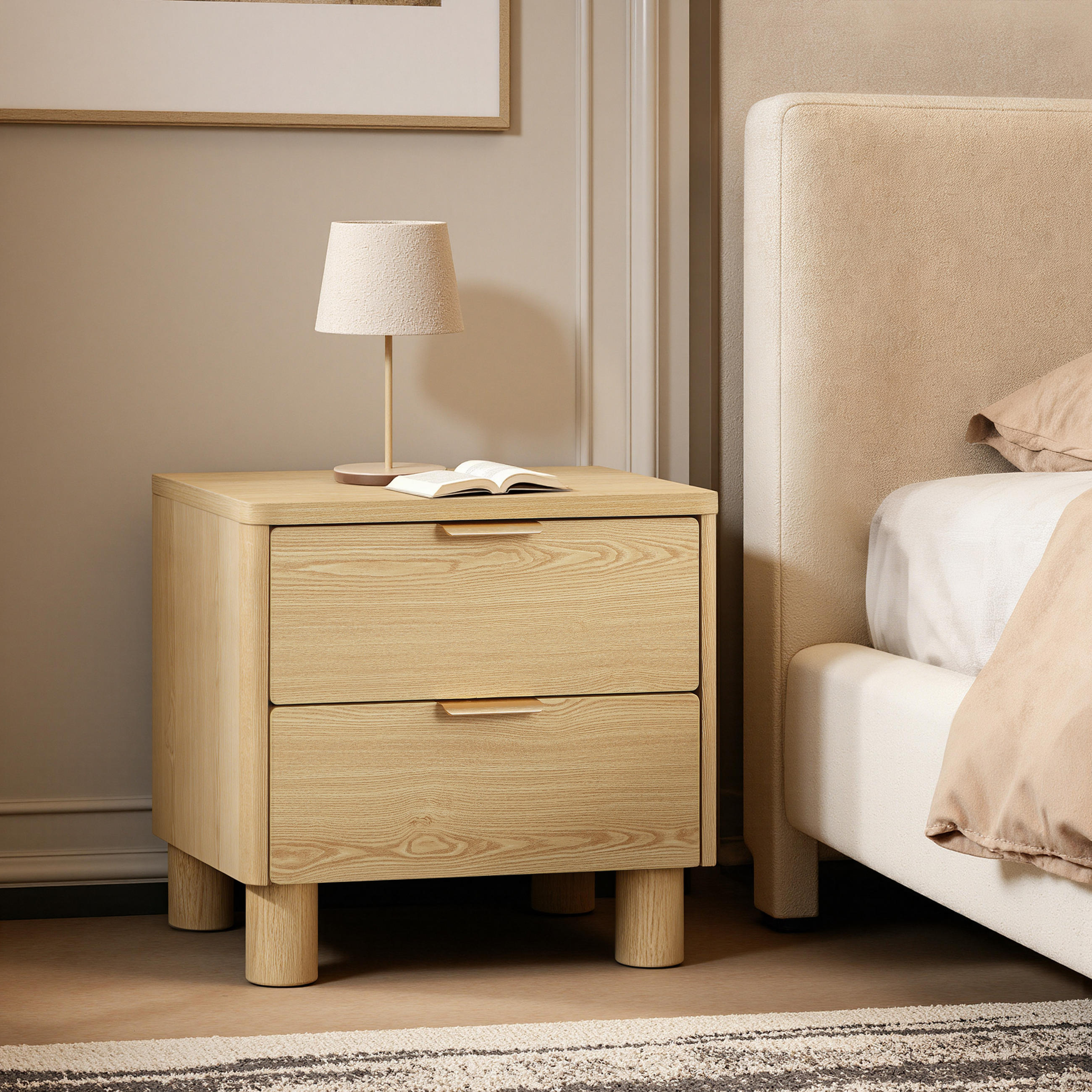 NACHTTISCH mit 2 Schubladen mit zylindrischen Beinen, Holz | B59 x T39 x H55 cm - Braun, Holzwerkstoff (59/55/39cm) - Hometopia