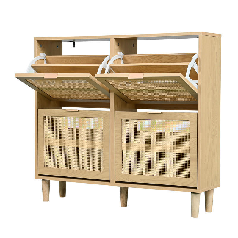 SCHUHSCHRANK RATTAN mit 4 Klappschubladen und Metallgriffen 100x25x90 cm - Braun, Holzwerkstoff (25/90.3/100cm) - Fuleadture