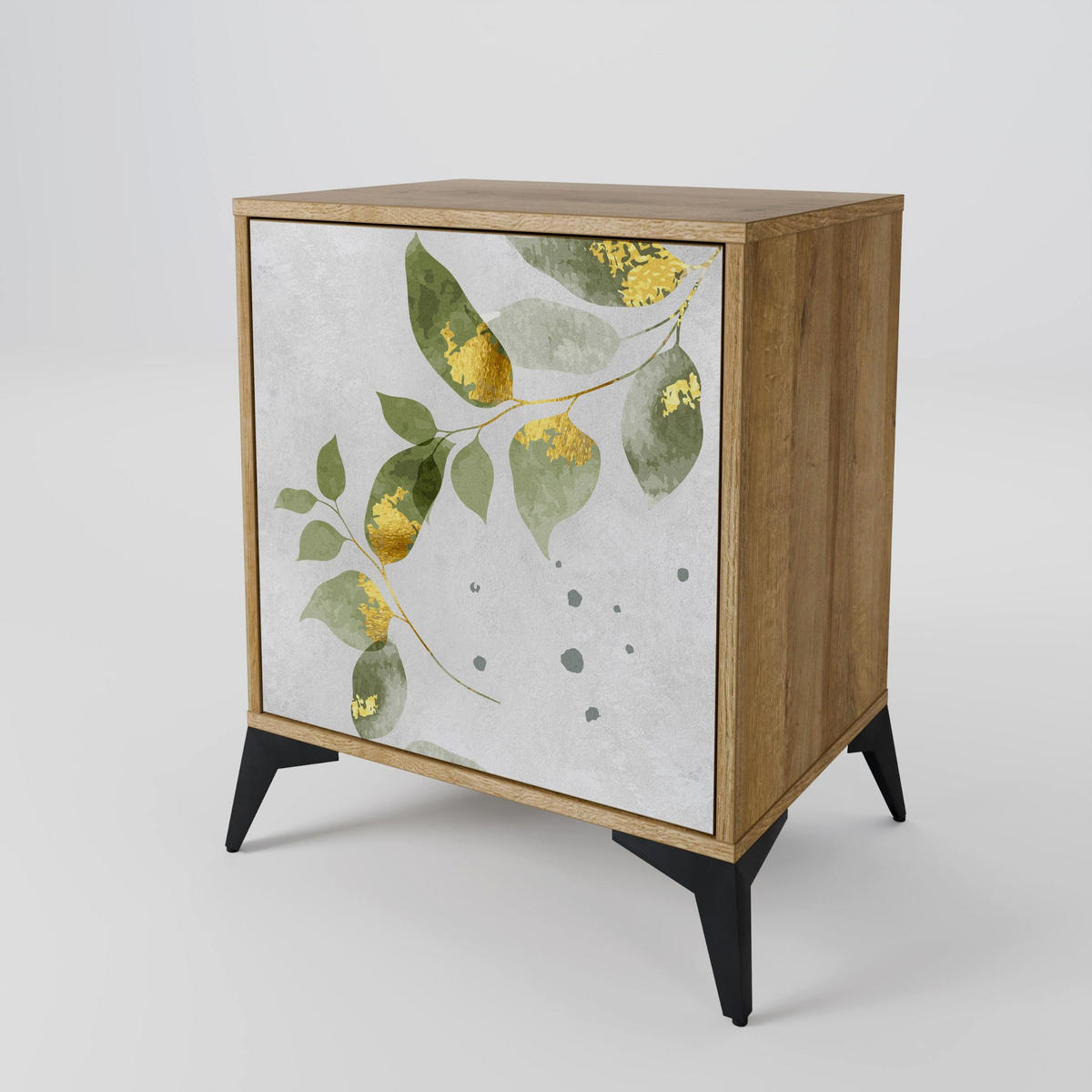 SIDEBOARD ELEGANT BOTANICS, Eichefarben, 57,5x42x67,5 cm, Schwarze Metall-Rahmenfüße - Eichefarben/Multicolor, Holzwerkstoff/Metall (57.5/67.5/42cm) - SpaceRebels