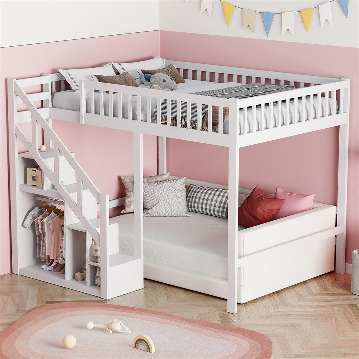 HOCHBETT 140x200 cm - Multifunktionales Kinderbett mit Treppenregal und hohem Rausfallschutz - ohne Matratze - Weiß - Weiß, Holz (140/200cm) - DELFA